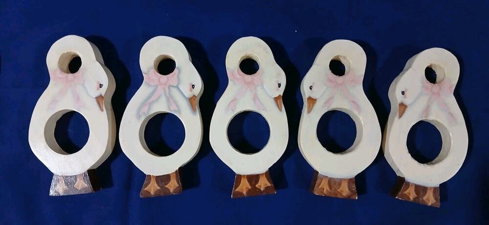 Vintage White Goose Wooden Napkin Rings Set Of 5 1980